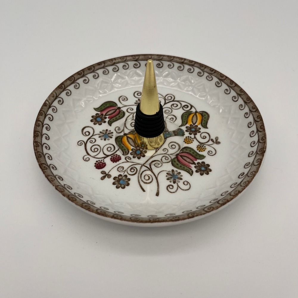 Handmade Floral Bird Ceramic Ring Dish Gold Post Dresser Jewelry Tray Catchall